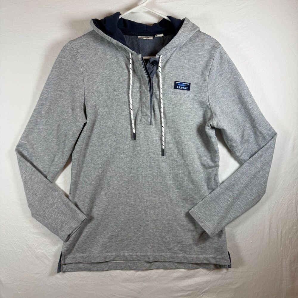 L.L. Bean Popover Hoodie Gray Navy Contrast Hood Drawstring Small